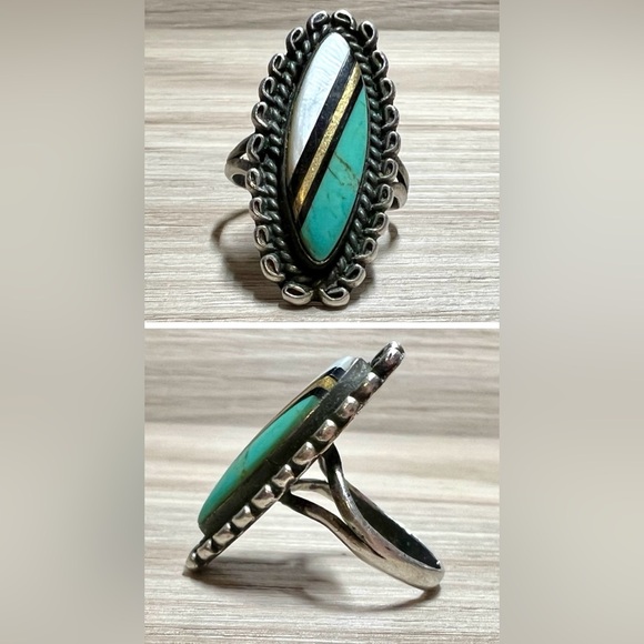 Navajo Lee Charley Sterling Silver & Gold Turquoise, MOP, Onyx Ring, Size 8 - Picture 1 of 9
